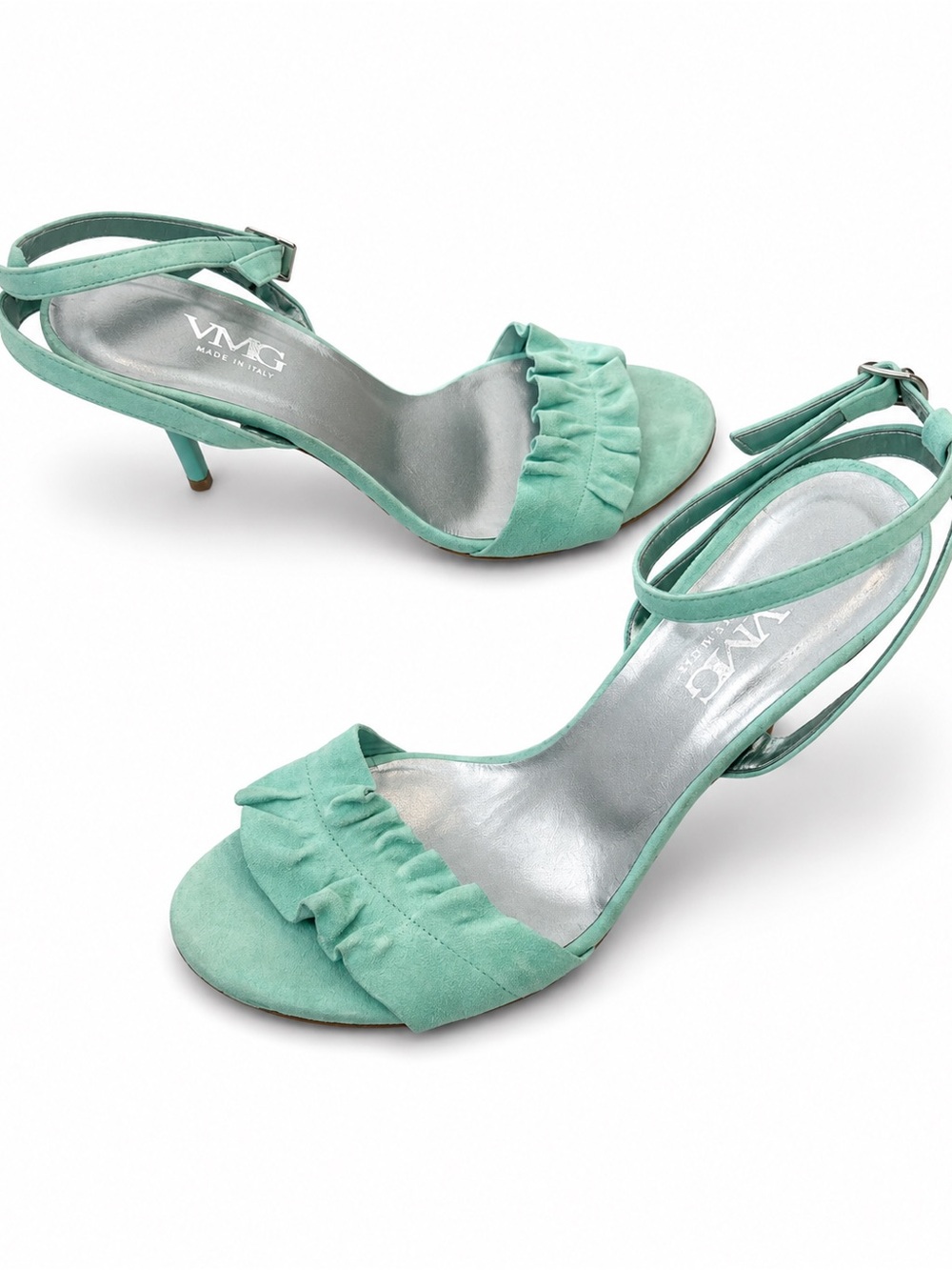 VM Mint Green Ruffle Suede Ankle-Strap Heels